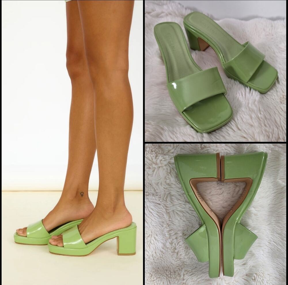 Billini Apple Green Patent Slide Mules Block Heel Sz 7 Square Toe Slip On Sandal